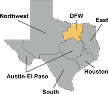 Map of DFPS districts with DFW District highlighted