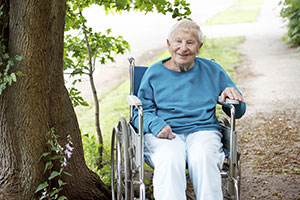 Happy elderly women sitting in a wheelchair