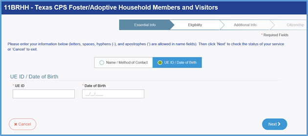 screenshot of 11BRHH choosing UEID Date of Birth radio button