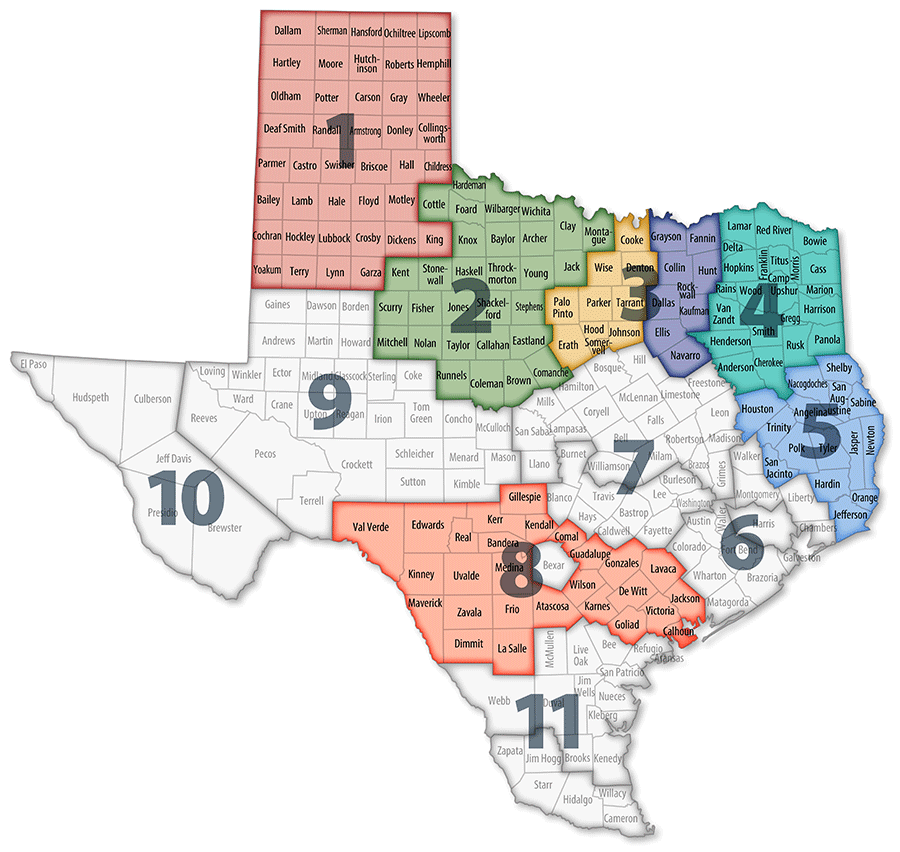 Texas map of CBC areas, as described in the on the Community Areas page
