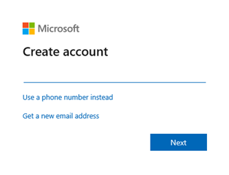 Microsoft Logo Create Account page with line available for entry of your email address.  The options listed (via links below entry of email) to 'use a phone number instead' or 'Get a new email address' there is a 'Next' button