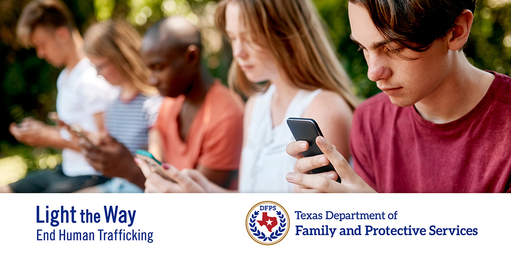 horizontal image for Light the Way End Human Trafficking - teens on their phone