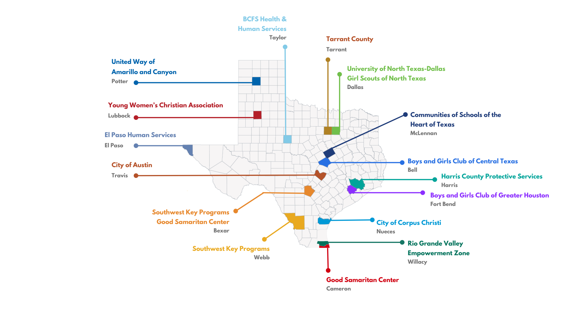 Map of Texas, showing providers across the state. For a text version of CYD providers, check the PEI Provider Directory.