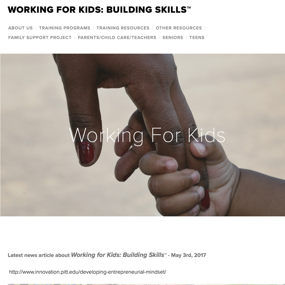 screenshot of the website with a child clutching an adults fingers