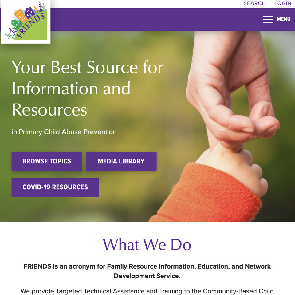 screenshot of the website with a child's finger wrapped around an adult's finger