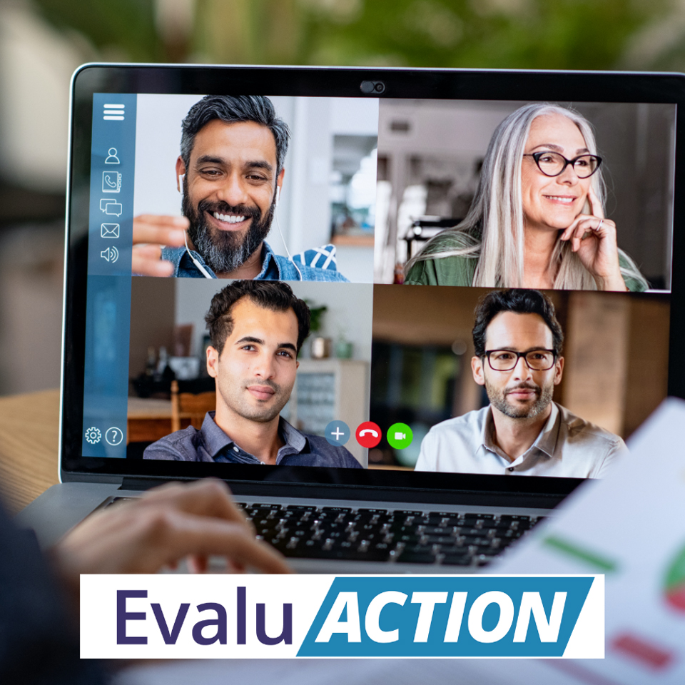 a person on a conference call with 4 people on their laptop, with the EvaluACTION logo at the bottom