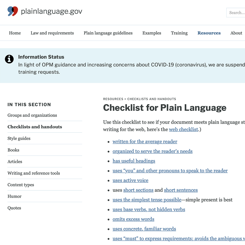 screenshot of the plain language dot gov website