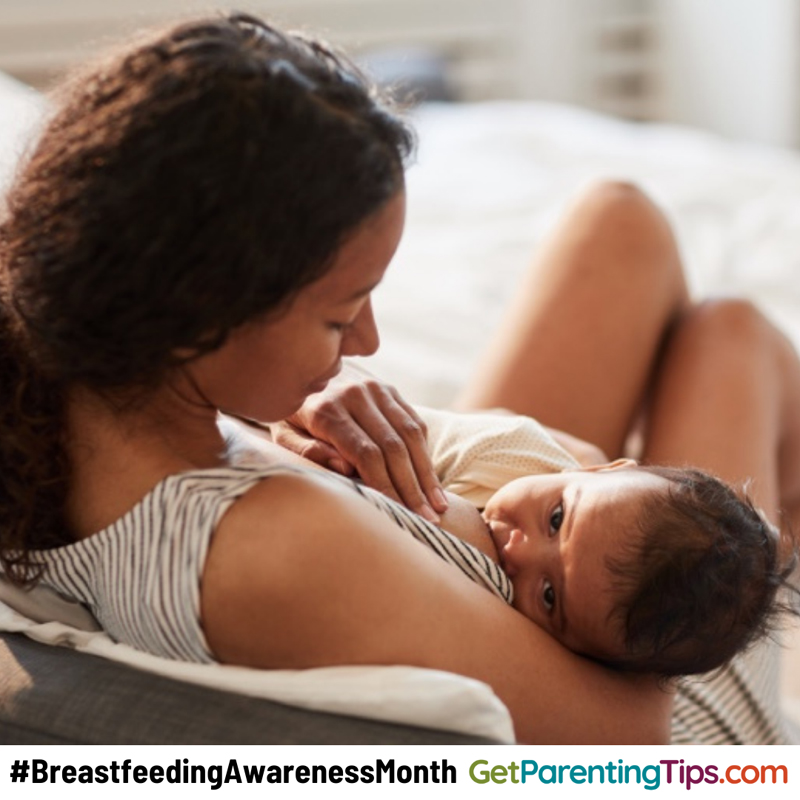 A mom breastfeeding her baby. Text: #BreastfeedingAwarenessMonth GetParentingTips.com