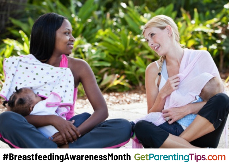Two moms breastfeeding their babies. Text: #BreastfeedingAwarenessMonth GetParentingTips.com