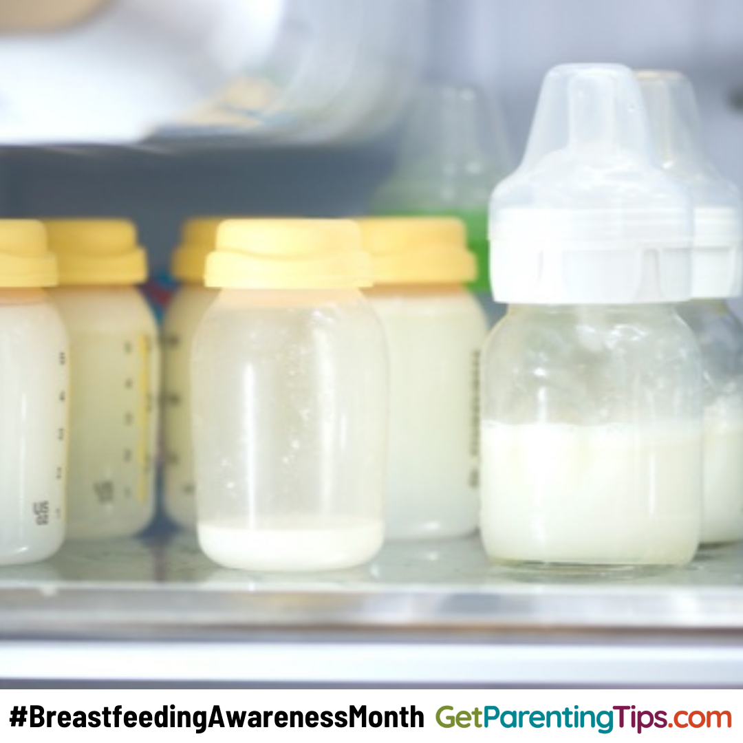 Bottles of milk in a refridgerator. Text: #BreastfeedingAwarenessMonth GetParentingTips.com