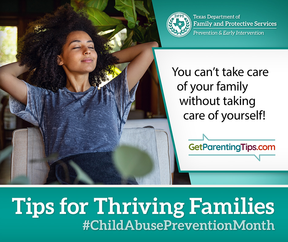 Mom having conversation with young child. Text: DFPS. having conversations with your childe regularly helps keep them safe. GetParentingTips.com Tips for Thriving Families. #ChildAbusePreventionMonth