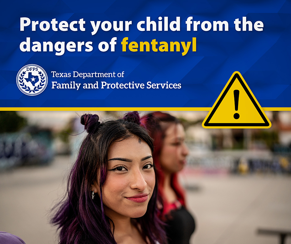 Protect your child from the dangers of fentanyl - One Pill Kills campaign, an initiative of the Office of the Governor. Image depicts a bag with pills.