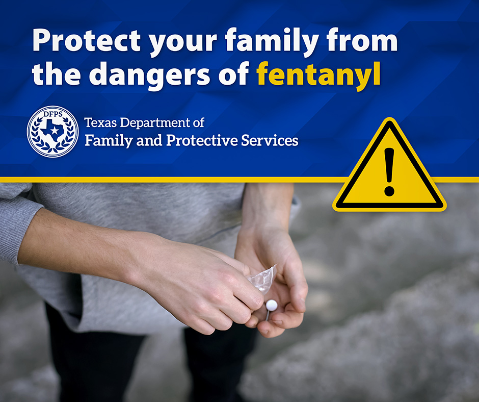 Protect your family from the dangers of fentanyl - One Pill Kills campaign, an initiative of the Office of the Governor.  Image depicts an individual getting pill from plastic bag