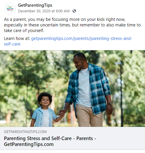 Screenshot of a social media post about self-care as a parent.