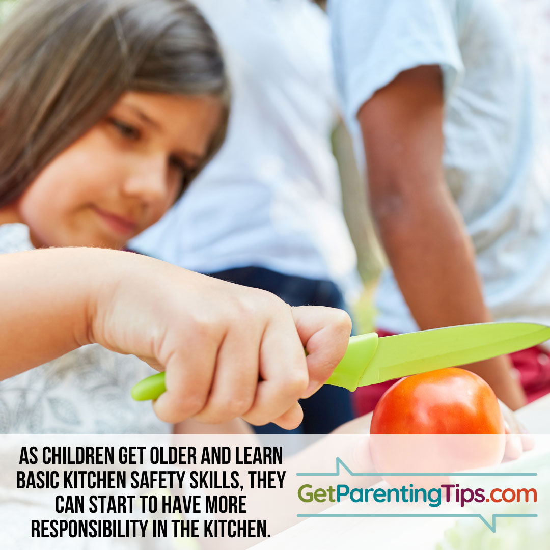 As children get older and learn basic kitchen safety skills, they can start to have more responsibility in the kitchen. GetParentingTips.com
