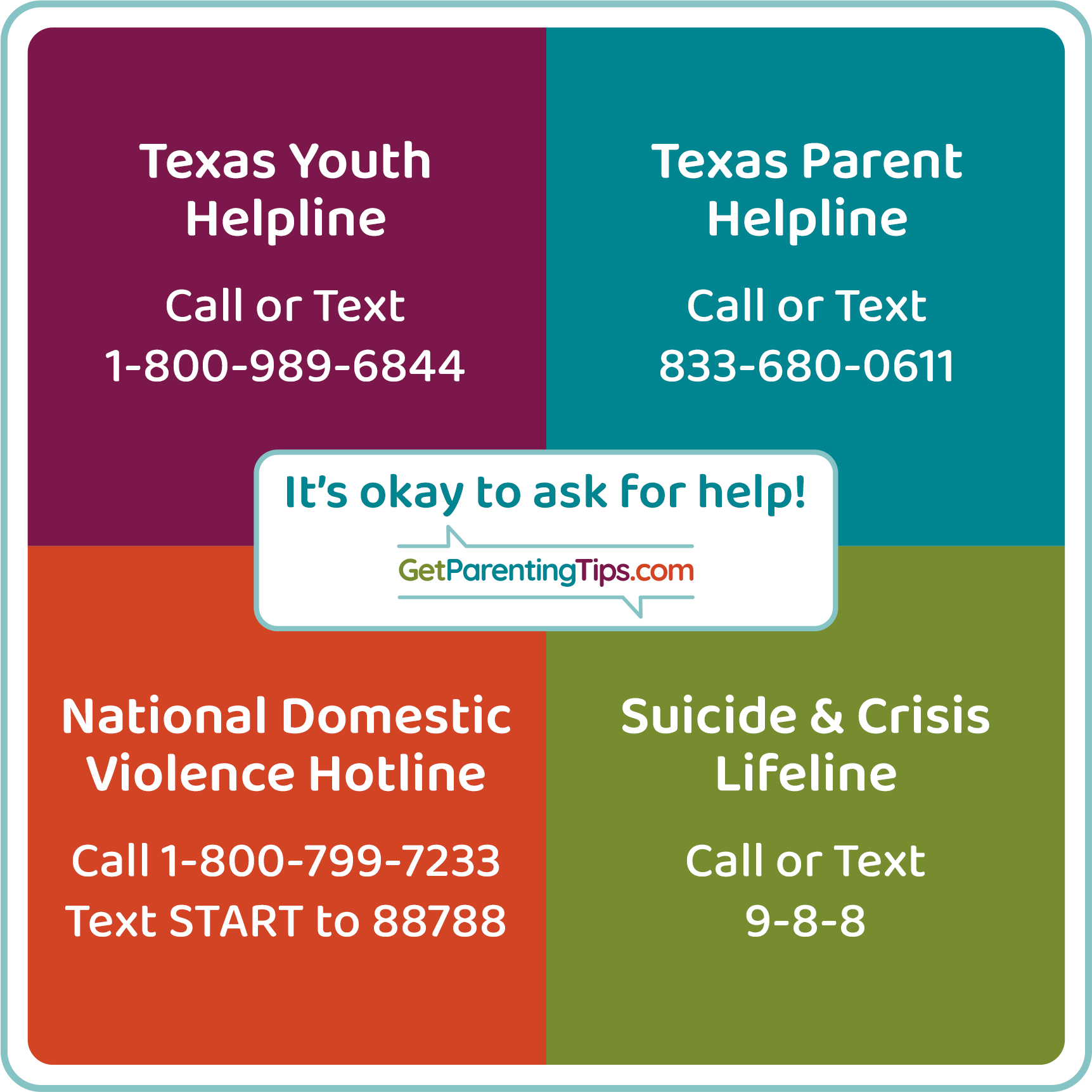 It's OK to ask for help. Texas Youth Helpline. National Domestic Violence Hotlne. COVID-19 Mental Health Support Line. Suicide Prevention.