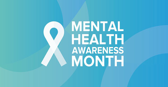 Mental health awareness month blue badge with a ribbon.