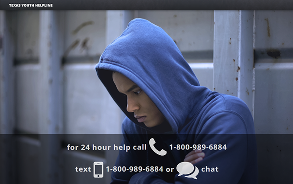 The Texas Youth Helpline home page phone number, text and chat info, with a guy in the photo.