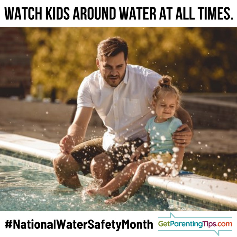 Father and daughter splashing water at a pool. Watch Kids around water at all times! GetParentingTips.com #NationalWaterSafetyMonth
