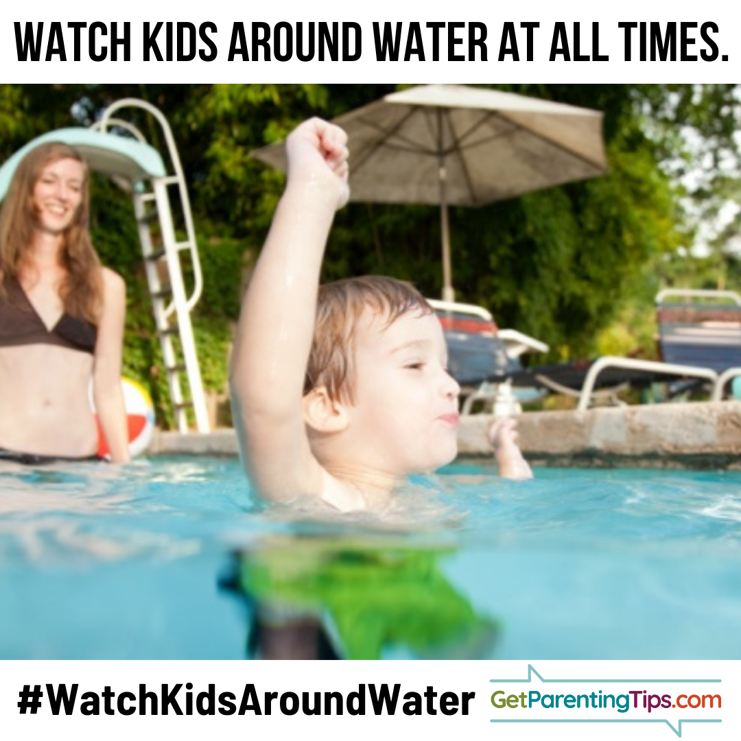 Mom watching kid playing in the pool. Watch Kids around water at all times! GetParentingTips.com #NationalWaterSafetyMonth