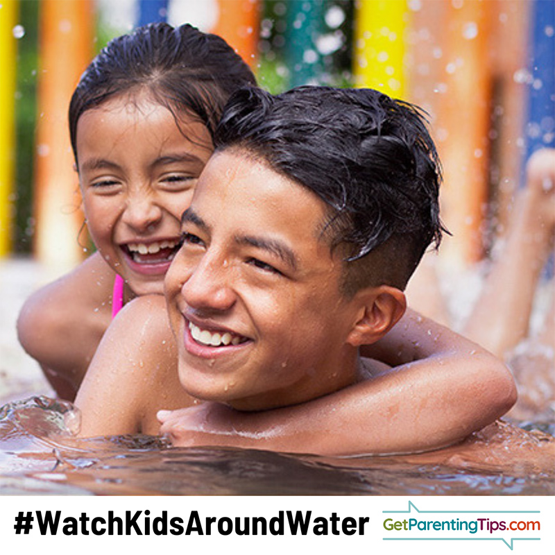 Two kids splashing in the water. Text: #WatchKidsAroundWater GetParentingTips.com