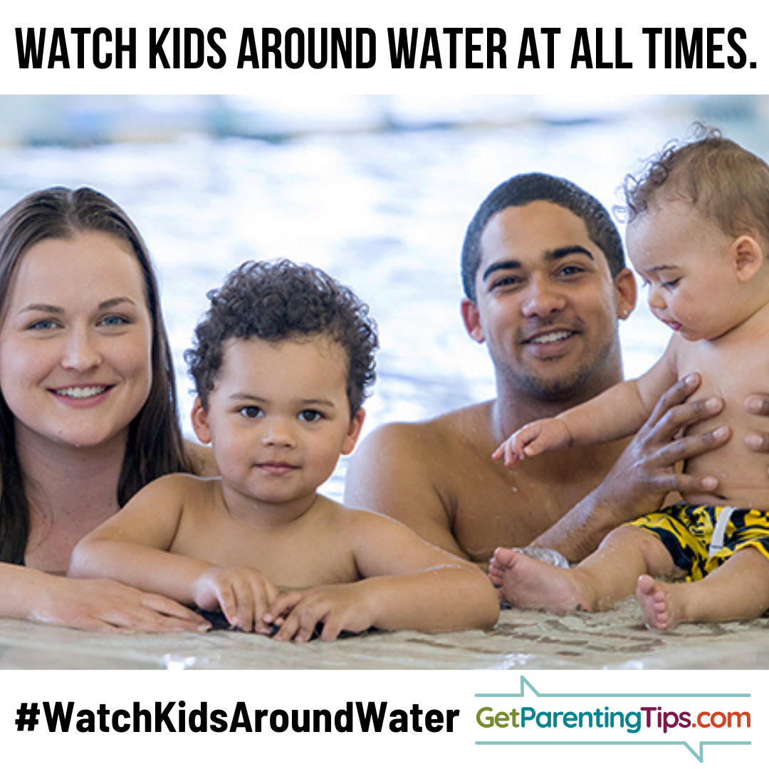 Family at the pool. Watch Kids around water at all times! GetParentingTips.com #NationalWaterSafetyMonth