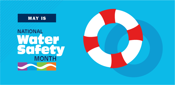 Banner with al life preserve: May is National Water Safety month.