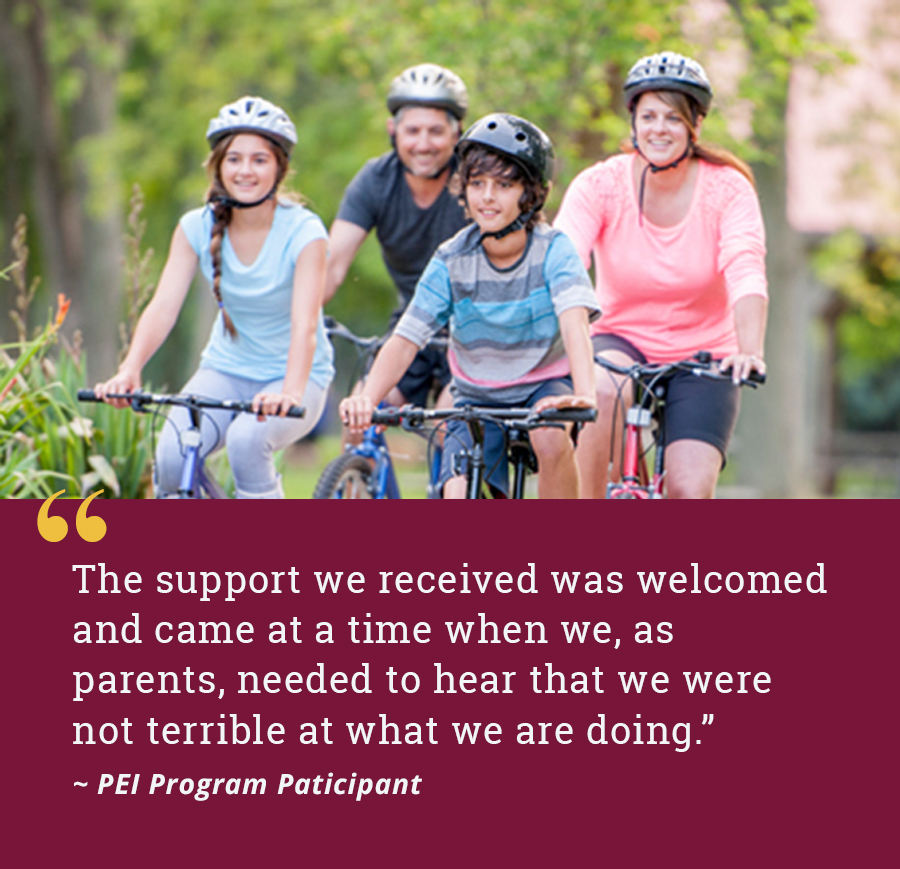 The support we received was welcomed and came at a time when we, as parents, needed to hear that we were not terrible at what we are doing. - PEI Participant