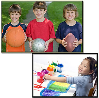 3 boys smiling and holding balls and a girl painting